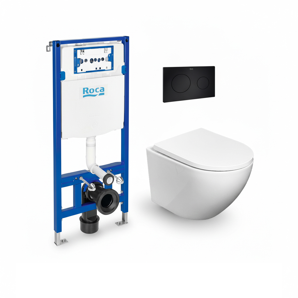 Roca duplo y puls. Pl10 negro, wc round smart tor 3 asiento kp Soft Close