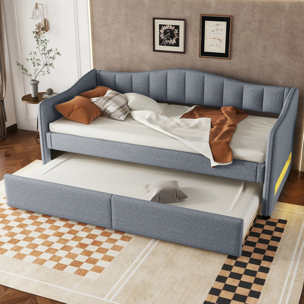 Cama nido 90x200 cm con luz LED y cama extra tapizada en lino – color gris