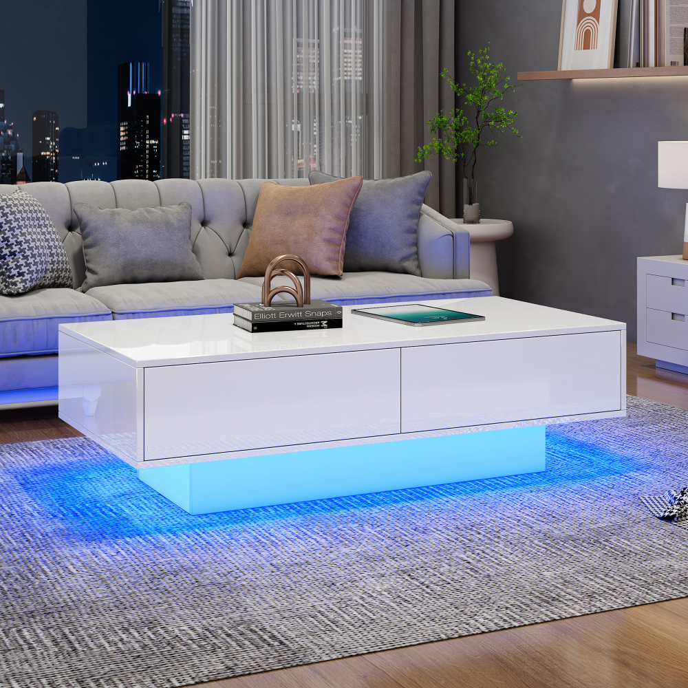 Mesa de centro con LED aglomerado blanco 34x115x55cm