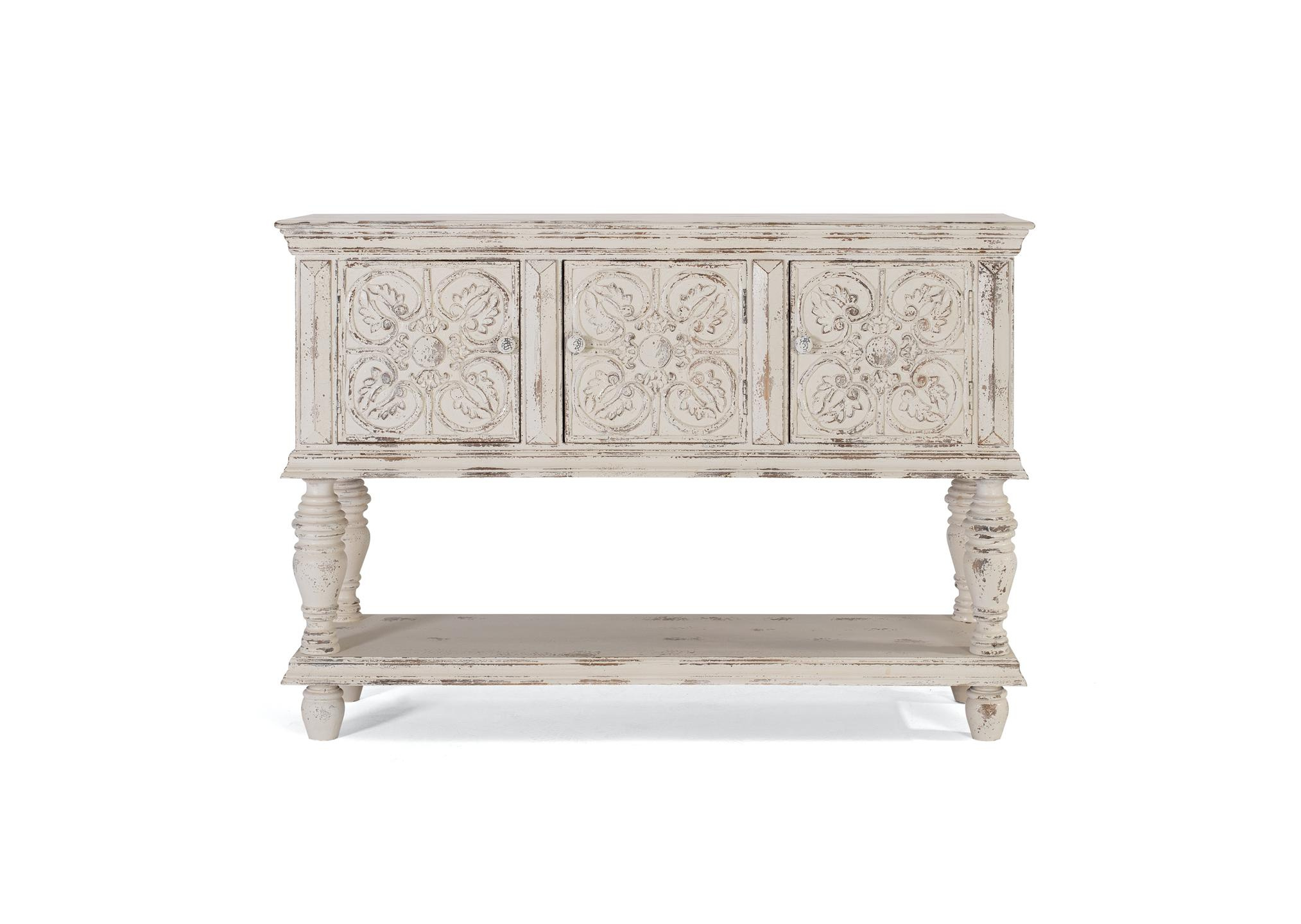 Consola burnie de madera de mango en color blanco decapé 148 cm