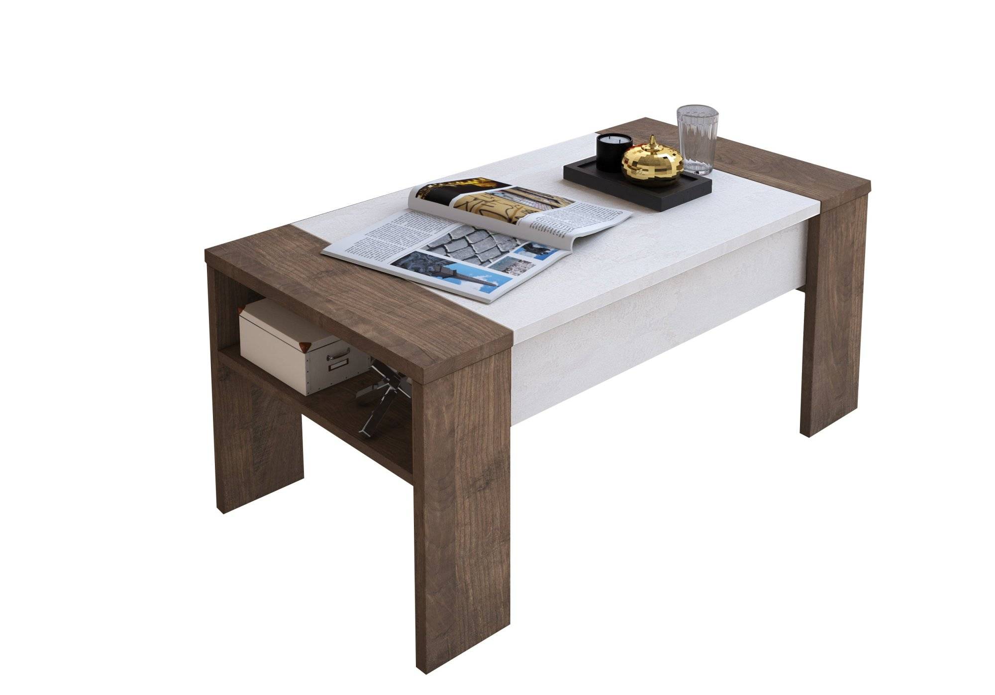 Mesa de centro corallo, tapa elevable, en madera nobilitada