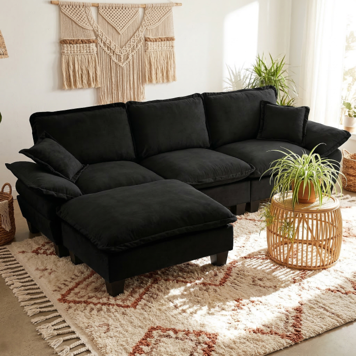 Sofá en l modular chenilla negro 4 plazas con otomana móvil y 2 cojines