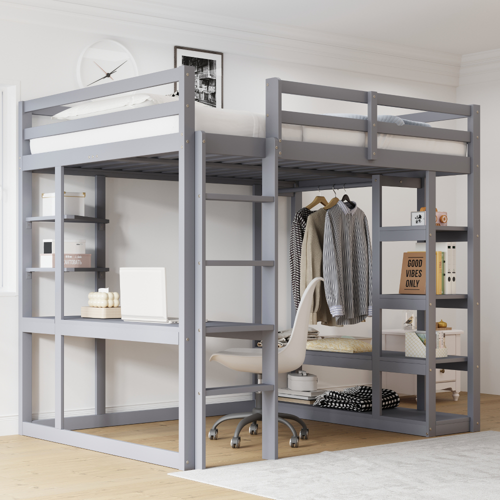 Cama alta 140x200cm con escritorio, estantes y perchero, madera maciza gris