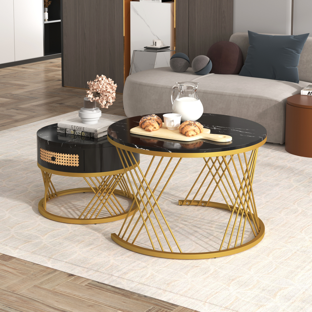 Mesa de centro set 2 piezas con cajón mdf negro 45,5x70x70cm