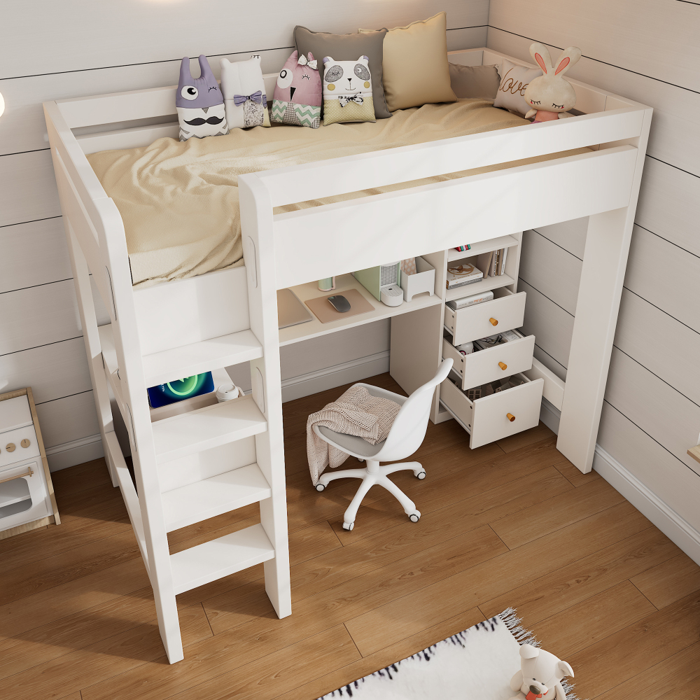 Cama alta 90x200cm con escritorio y usb-c, cajones y estantes madera blanco