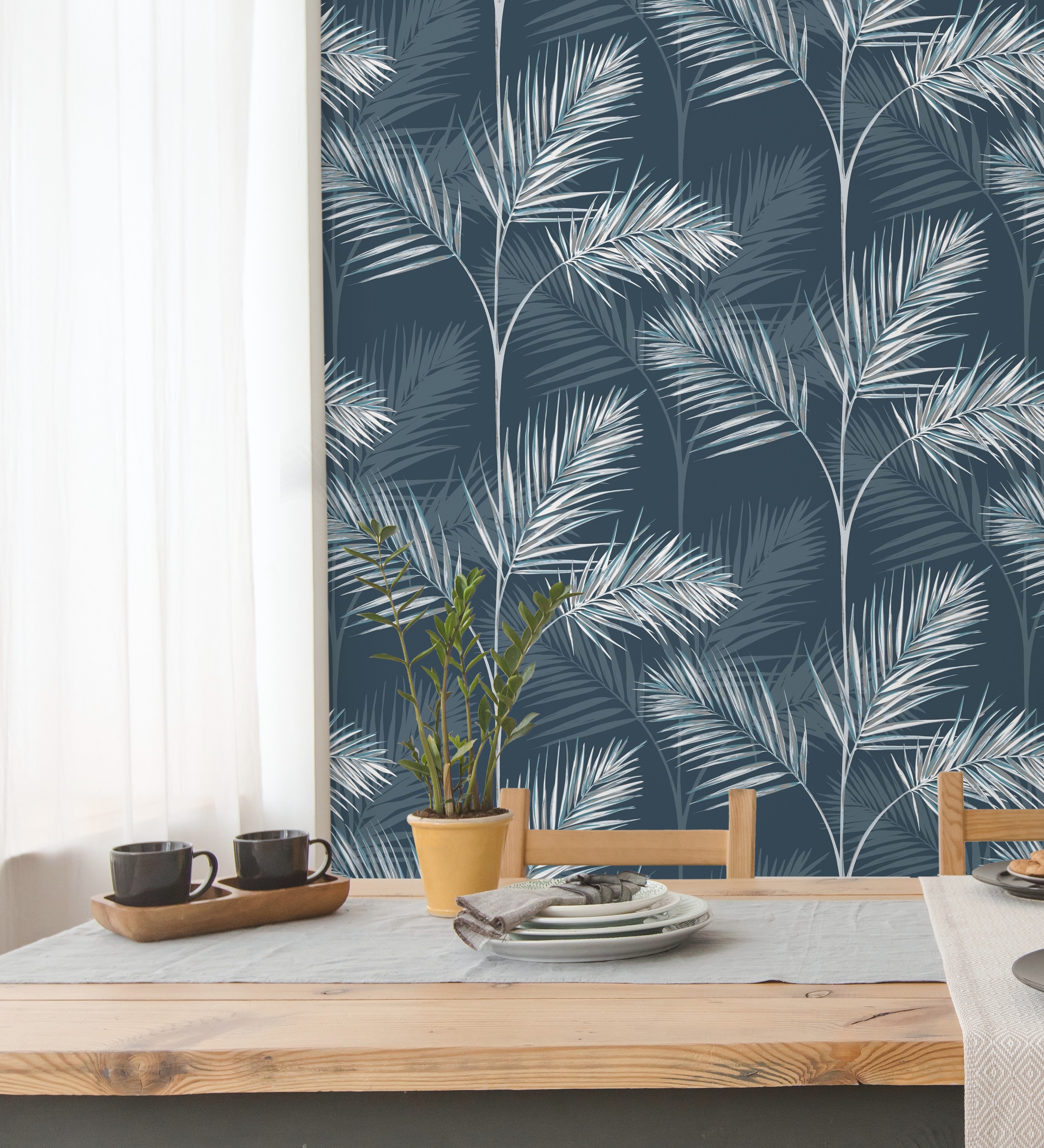 Papel pintado gaulan lavable tropical de hojas de palmeras blanco 5.23m²