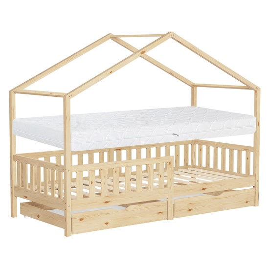 Cama infantil casa de madera natural 90x200cm 2 cajones + colchón 16cm