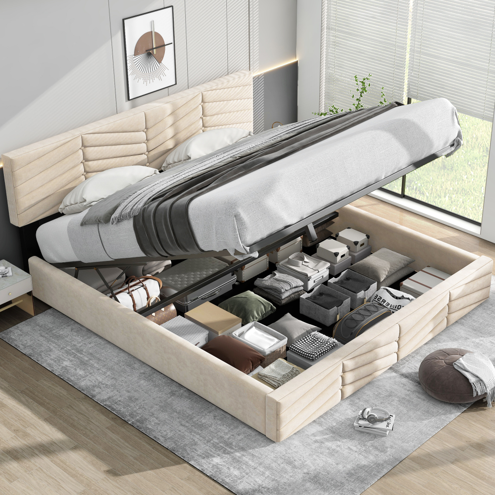 Cama 160x200cm con canapé abatible en terciopelo beige