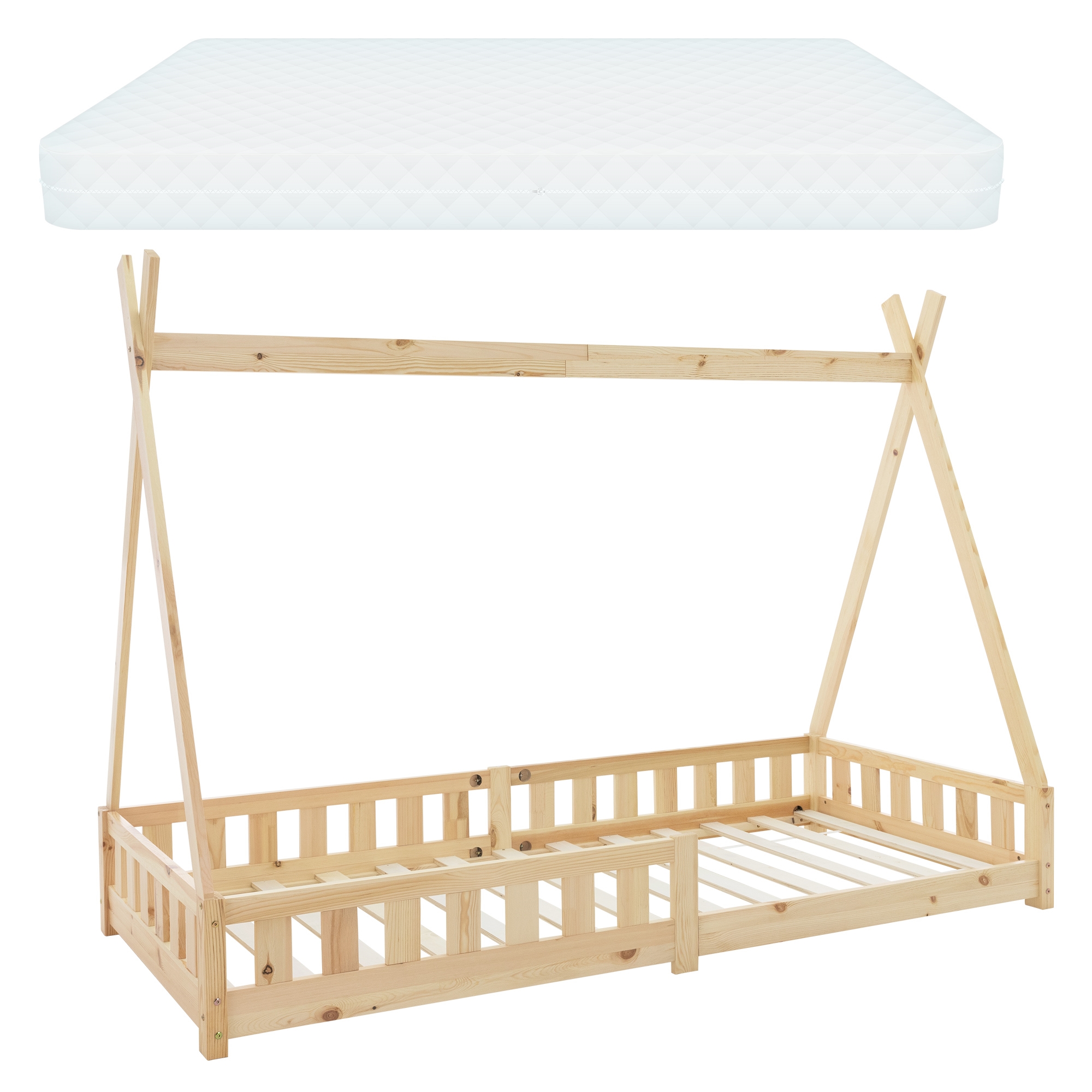 Cuna con protección anticaída y somier de 90x200 cm natural ml-design