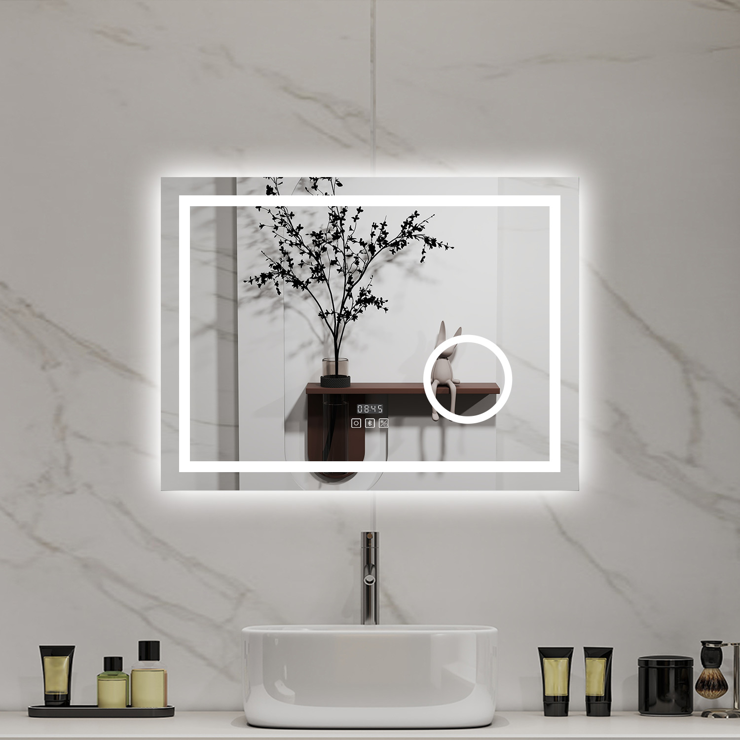 Espejo de baño LED aica de 80 × 60 cm con bluetooth,reloj,lupa 3x