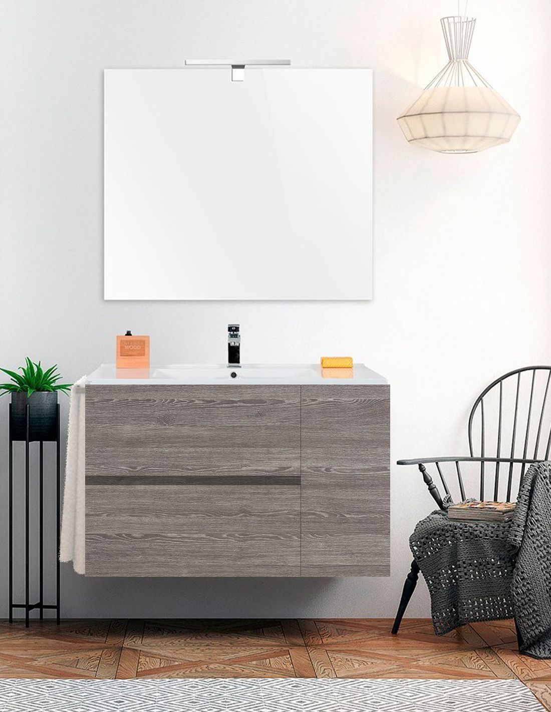 Mueble de baño itaca con lavabo dos senos y espejo 120x45cm roble smoky