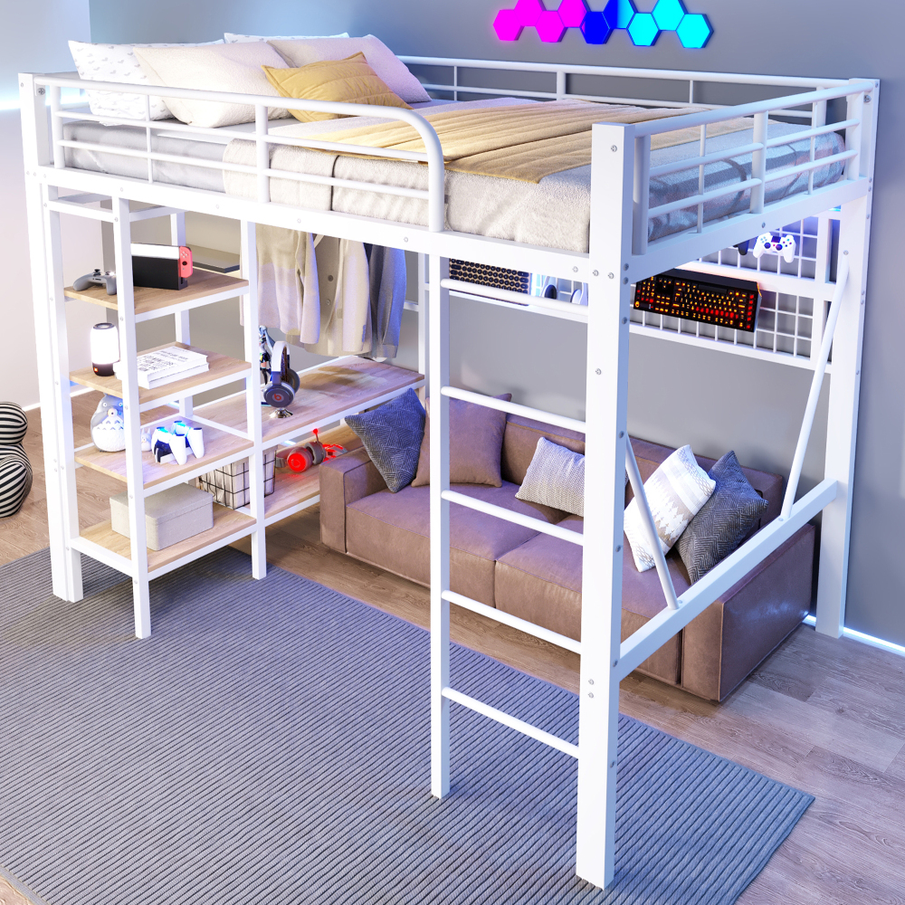Cama alta 140x200 cm con LED y almacenaje metal mdf – color blanco