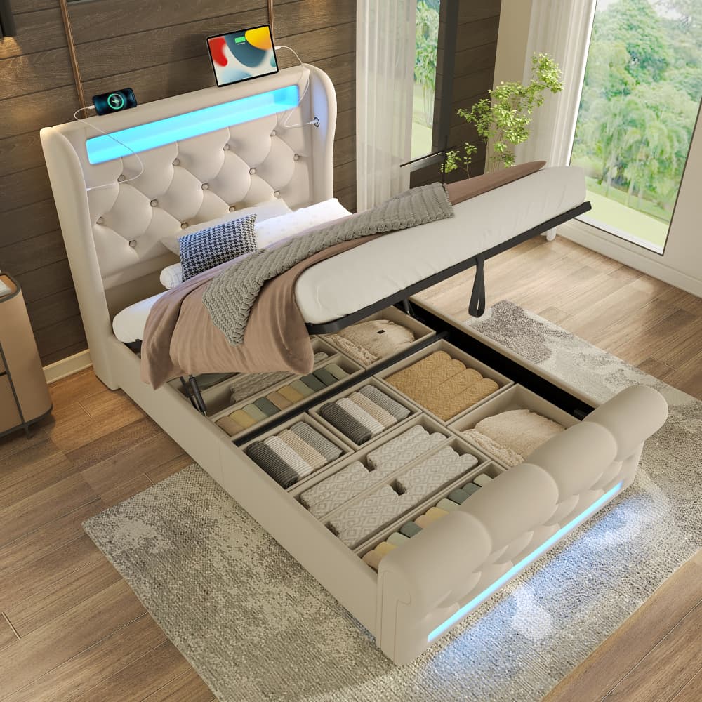 Cama con canapé 90x200cm abatible, LED y usb en terciopelo suave – beige