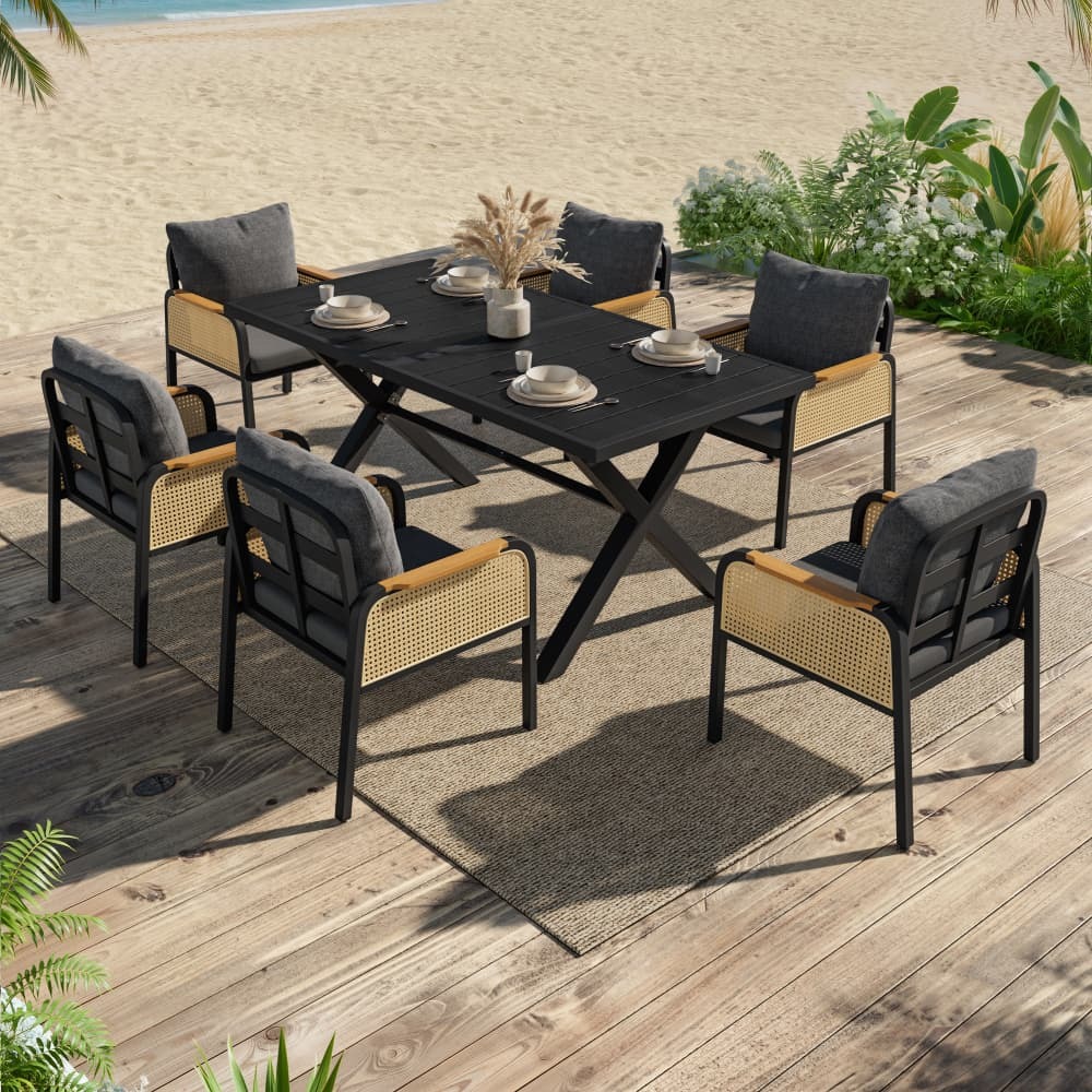 Conjunto mesa y 6 sillas de jardín hierro negro y natural con cojines