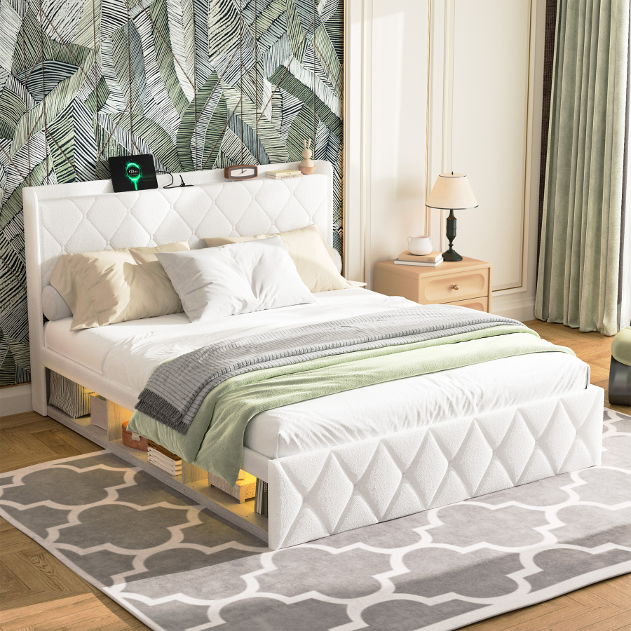 Cama tapizada 140x200 cm con LED y carga usb tela teddy – color blanco