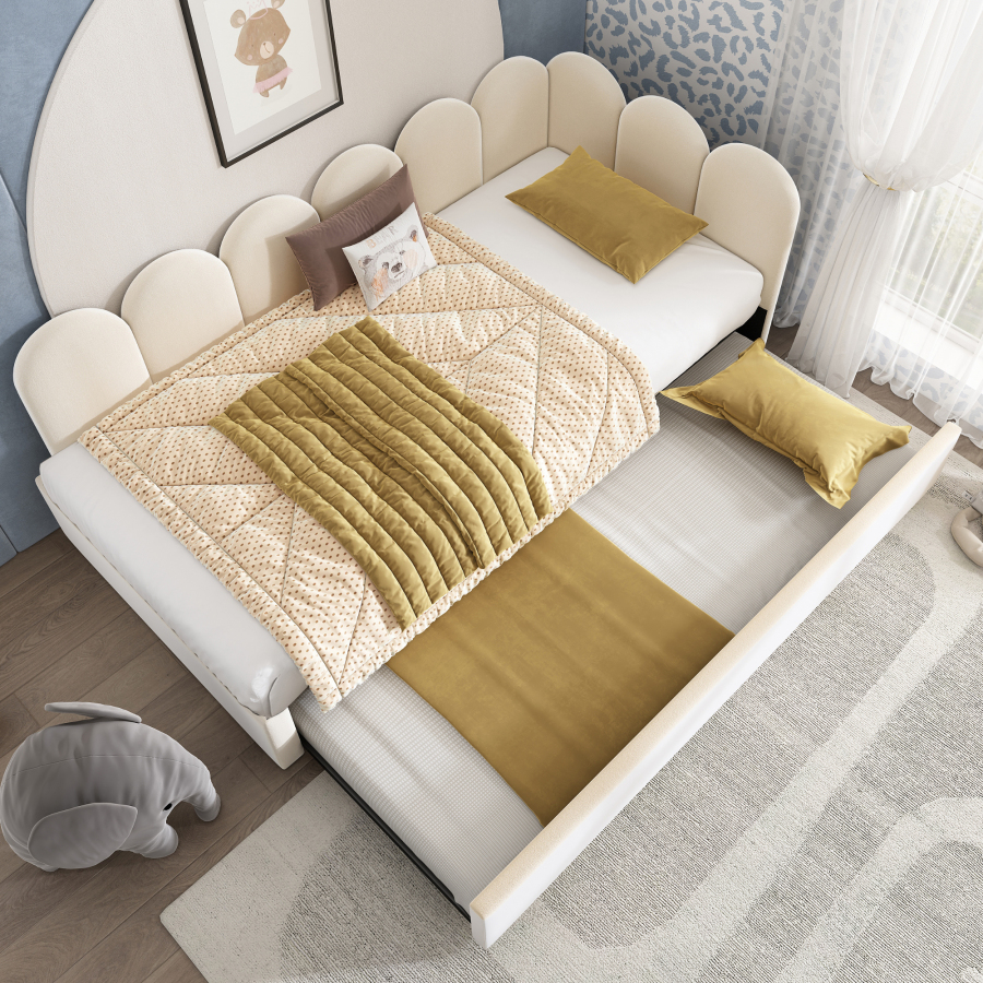 Cama tapizada 90x200 cm con cama nido extraíble de terciopelo – color beige