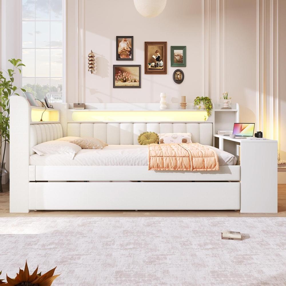 Cama juvenil 140x200 blanca con LED, usb, escritorio y cama nido