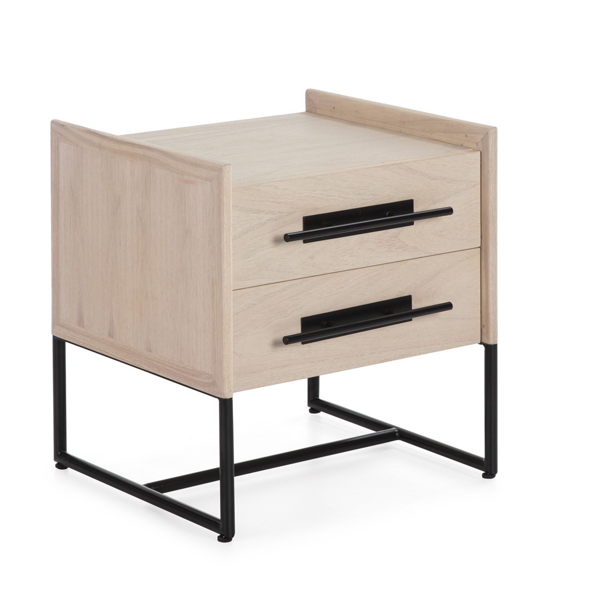 Mesita de noche 2 cajones 50x45x54 madera mindi natural, metal negro