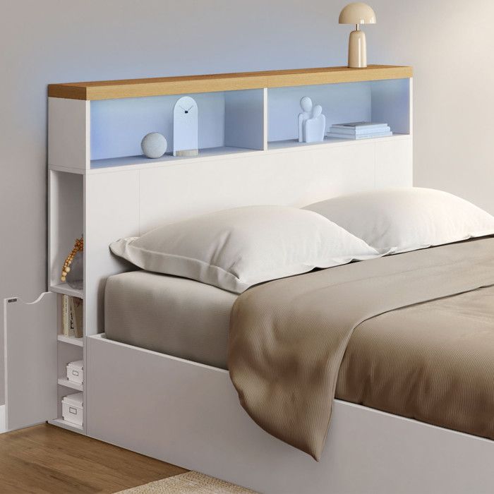 Cabecero con LED blanco y madera - 145 cm