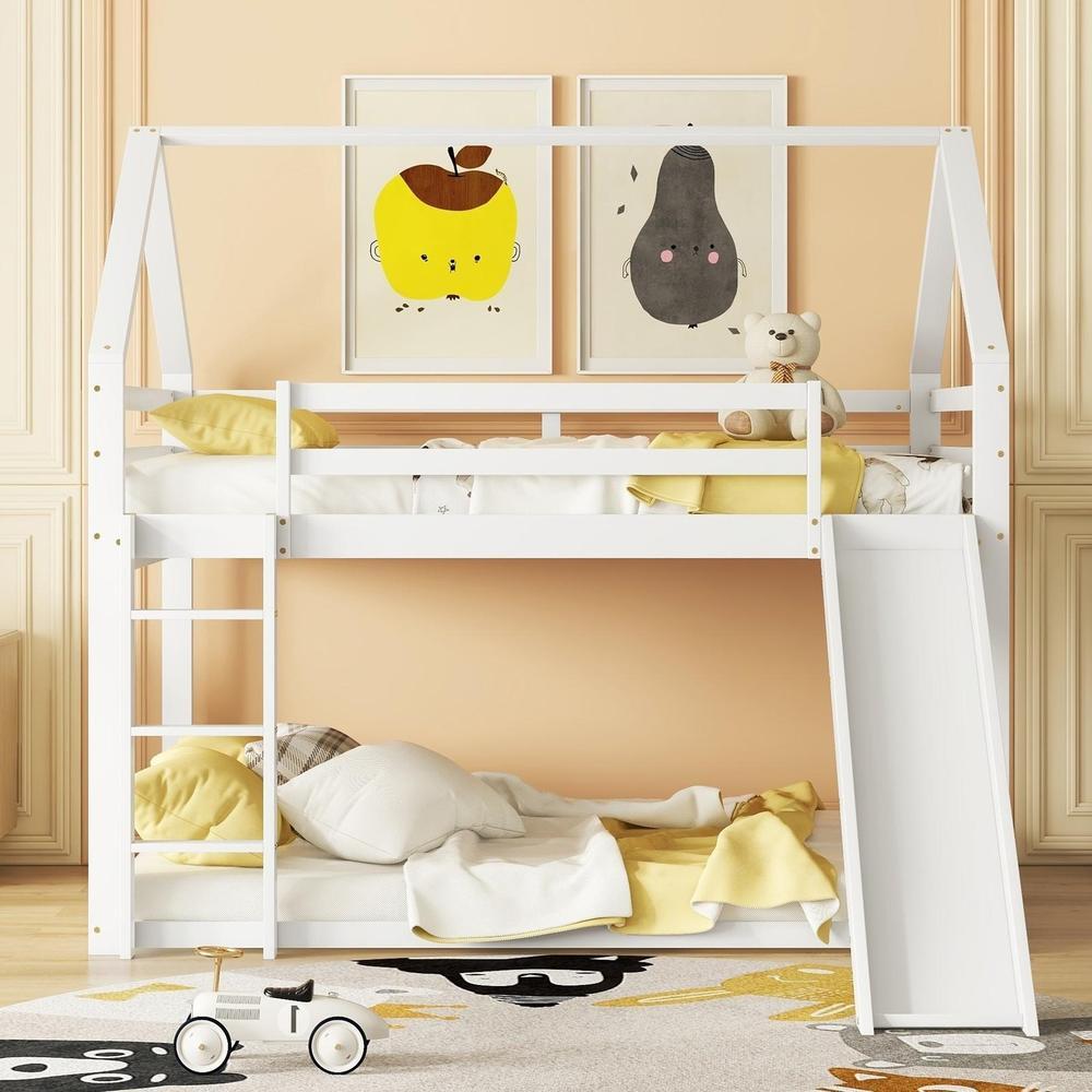 Litera casa con tobogán y escalera 140x200cm blanco