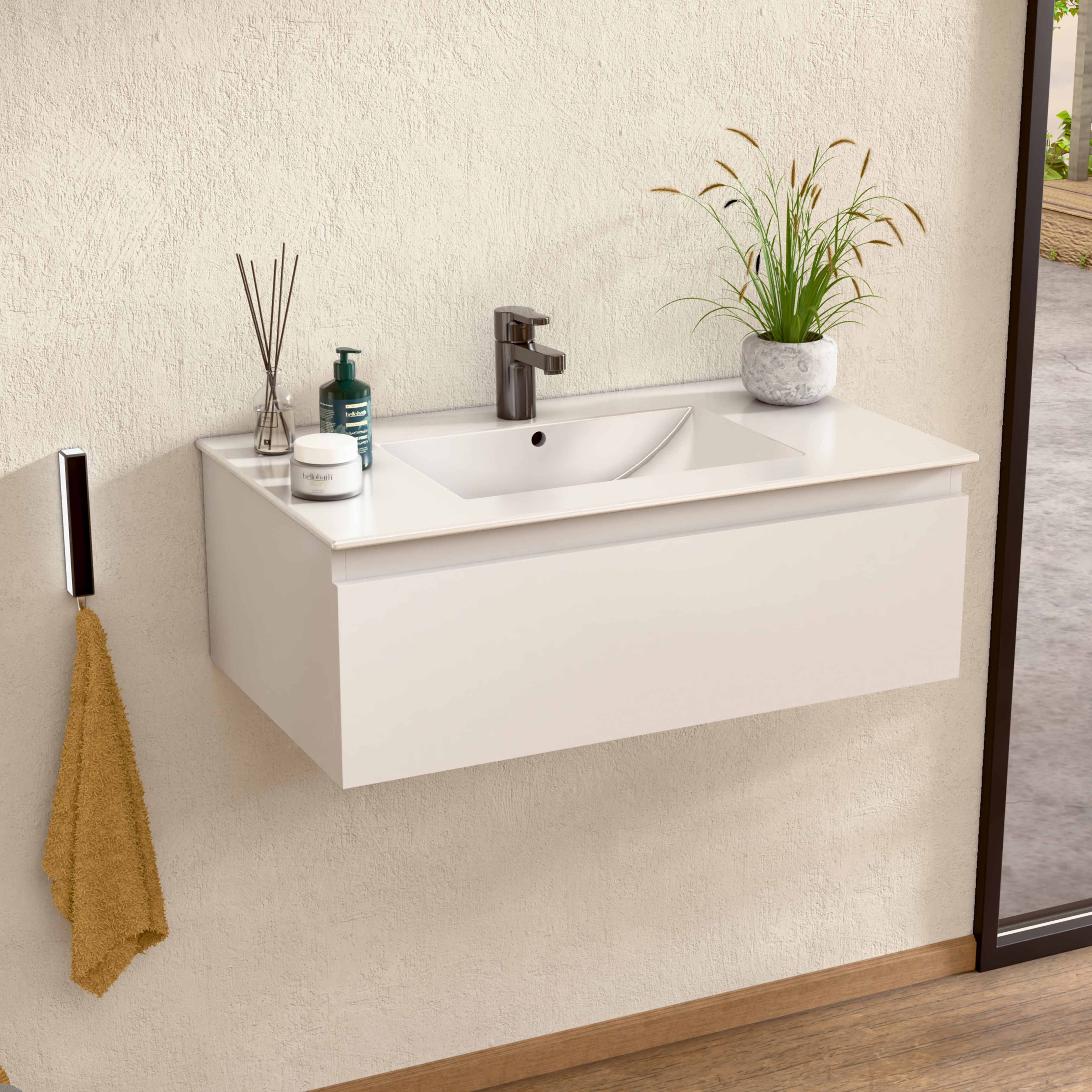 Mueble baño suspendido 100 cm blanco, encimera bellobath