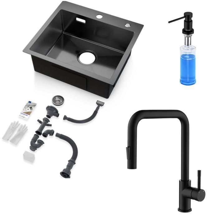 Fregadero de cocina - inox - 50x45 cm - 1 cubeta - empotrar - negro antraci