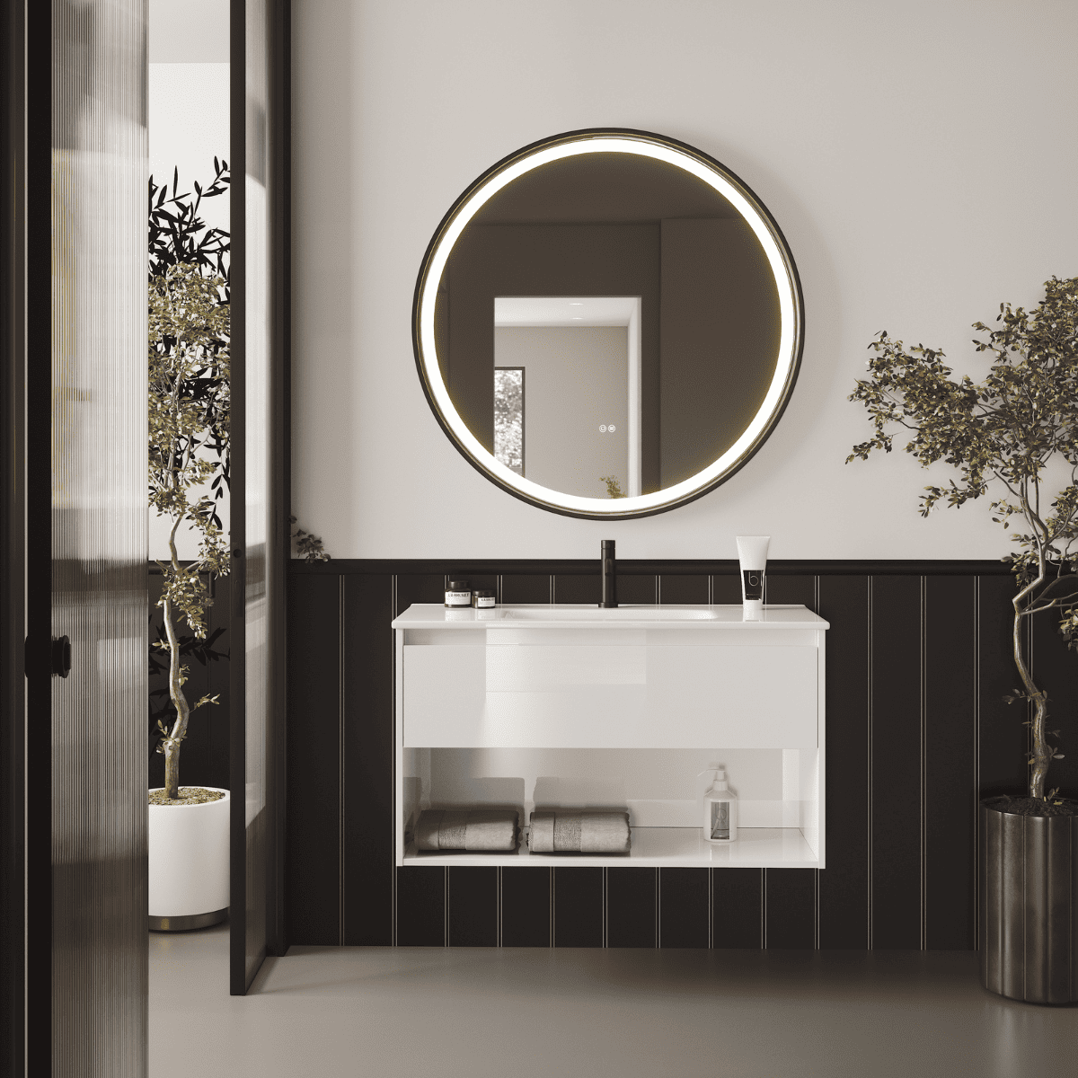 Mueble baño suspendido con lavabo cerámico 1caj+1hueco 80 cm blanco brillo