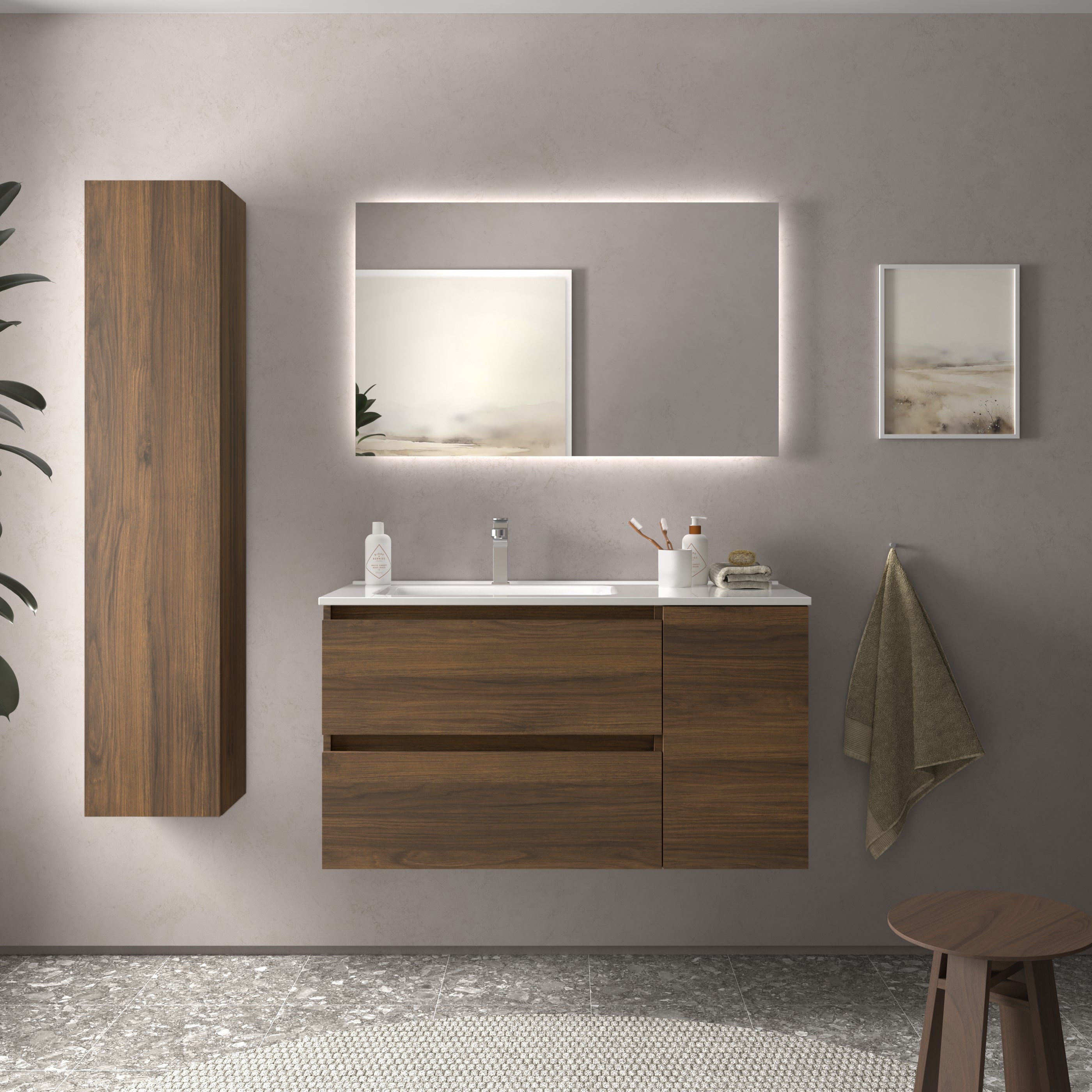 Mueble baño bequia 100cm + coqueta derecha + lavabo cerámica| nogal