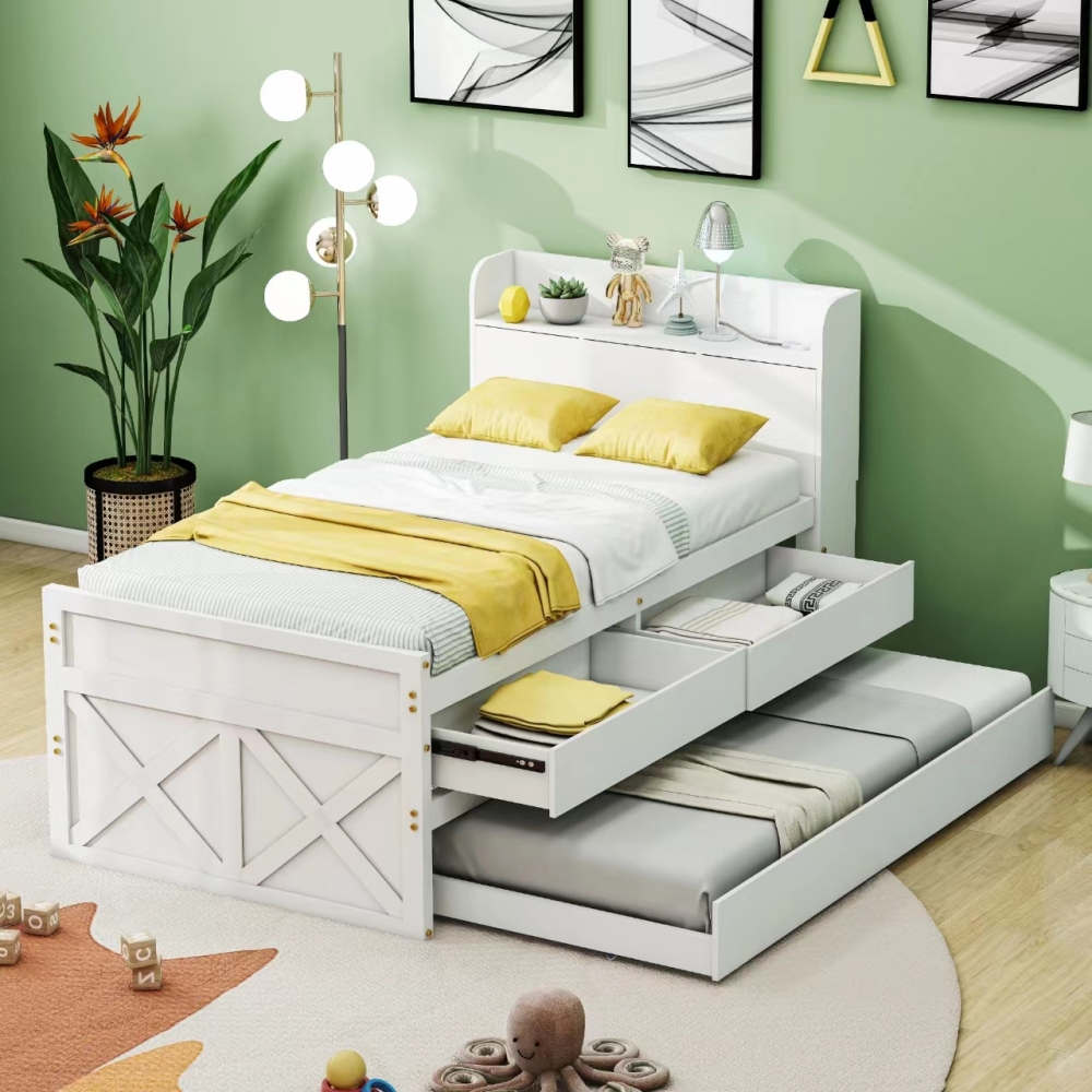 Cama Nido 90x190cm con Cajones, Estantes y USB, Pino Macizo – Blanco