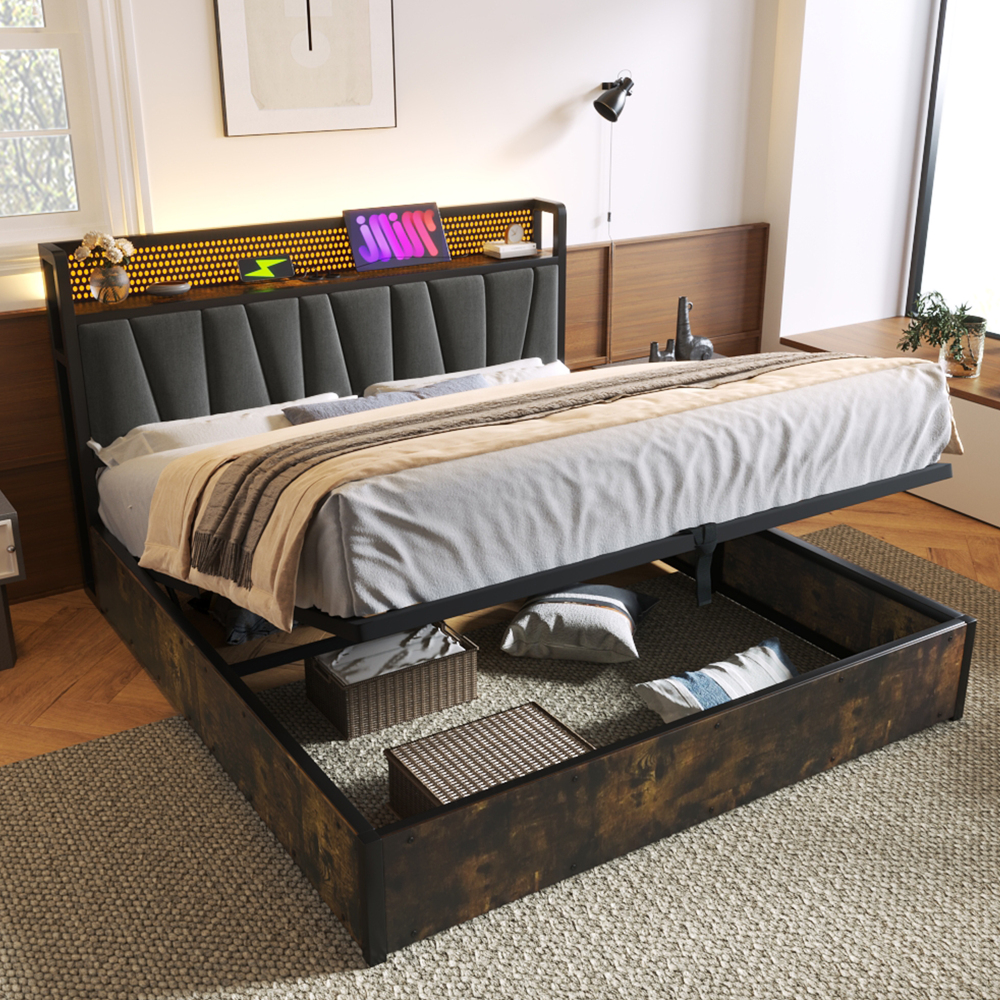 Cama tapizada 160x200 cm con LED app, usb y canapé lino – color gris
