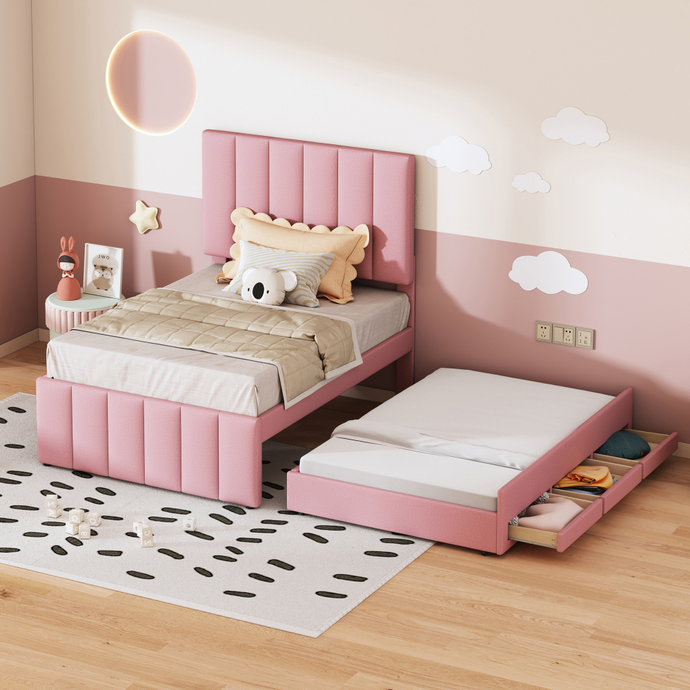 Cama Nido 90x200cm con Cajones, Lino Suave – Rosa