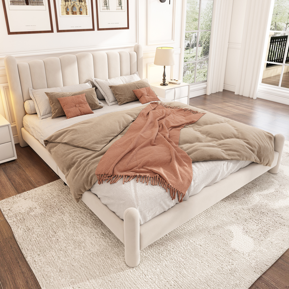 Cama tapizada 180x200cm con cabecero ondulado y somier terciopelo – beige