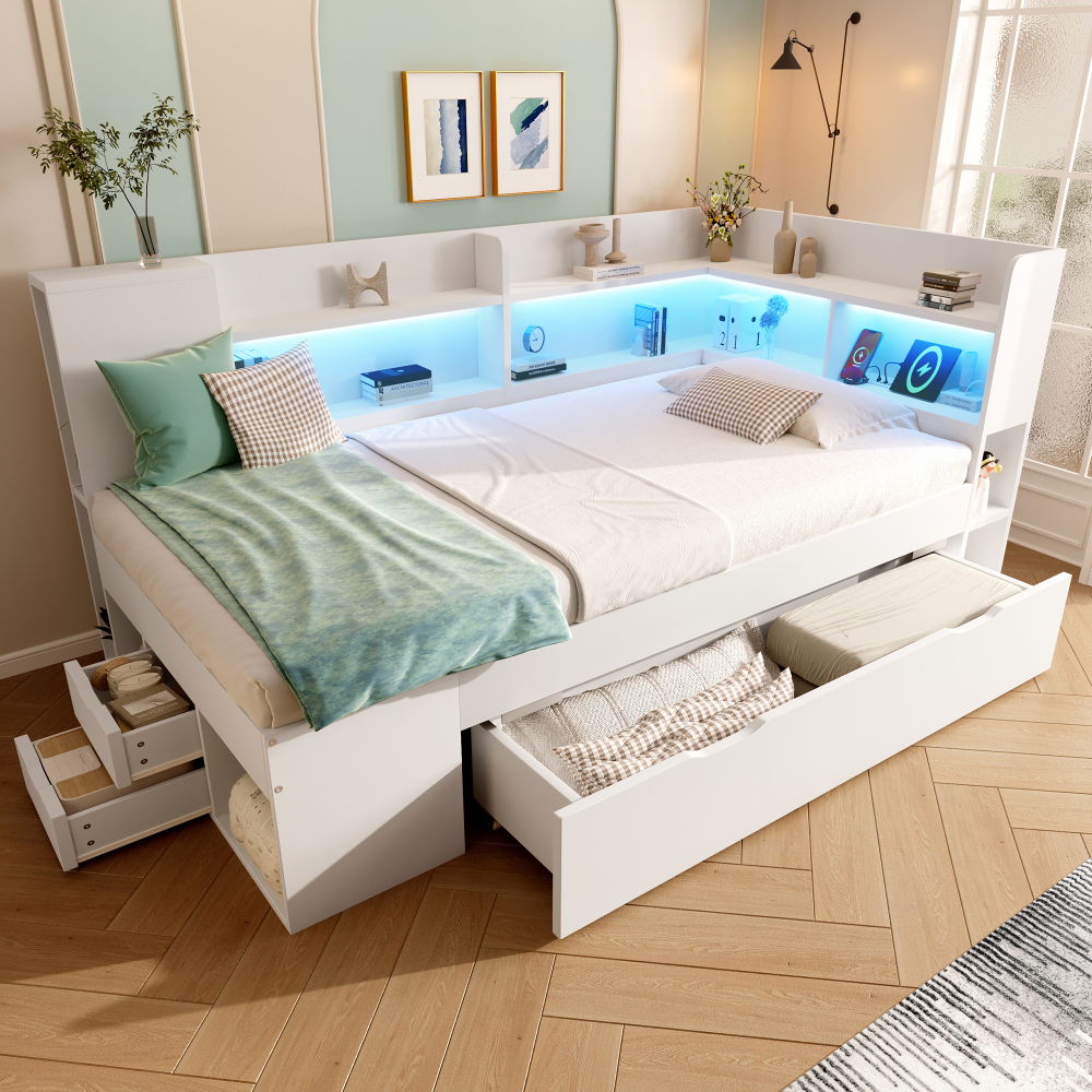 Cama individual 90x200 cm con LED, usb y almacenaje mdf – color blanco