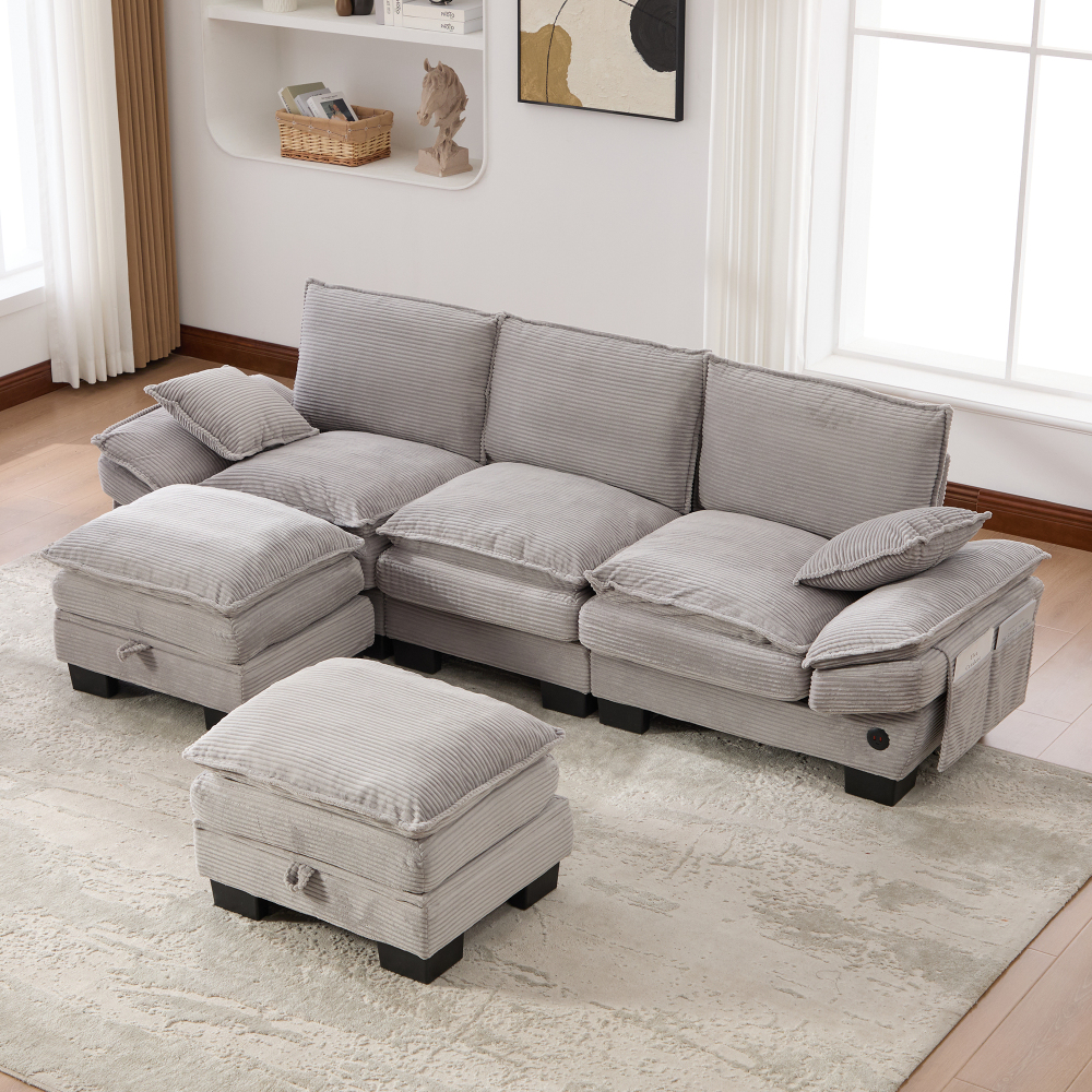 Sofá modular 3 plazas pana gris claro con 2 pufs usb y bolsillos