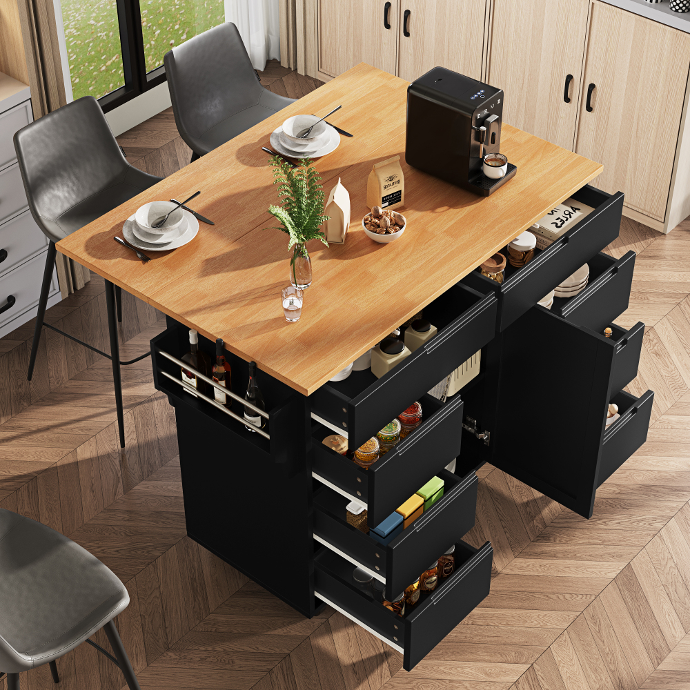 Isla de cocina con 8 cajones y mesa abatible negro 91,5x122x46cm