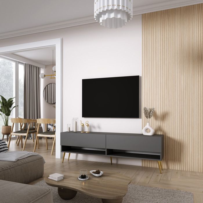 Mueble tv - antracita, patas doradas - 170 x 32 x 52 cm