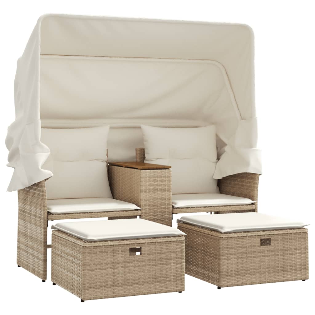 vidaXL sofá de jardín 2 plazas con toldo y taburetes ratán pe beige