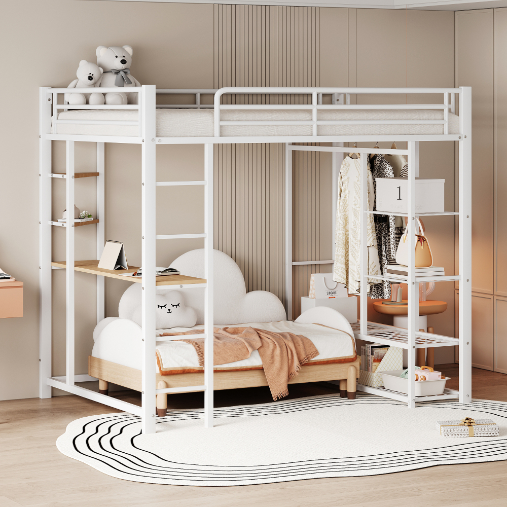 Cama alta 140x200cm con escritorio, perchero y compartimentos metal blanco