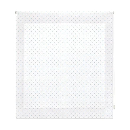 Estor enrollable premium 150x180 blanco con motas celeste