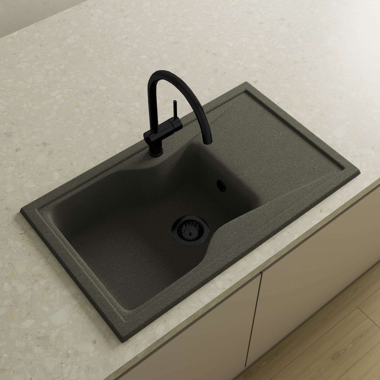 Poalgi pack fregadero 1 cubeta y esc. City basalt + grifo + válvula negro