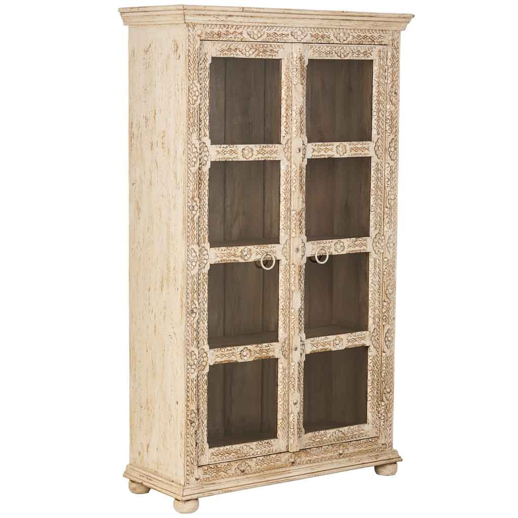 Vitrina de madera tallada acabado artesanal beige 106x43x180h cm