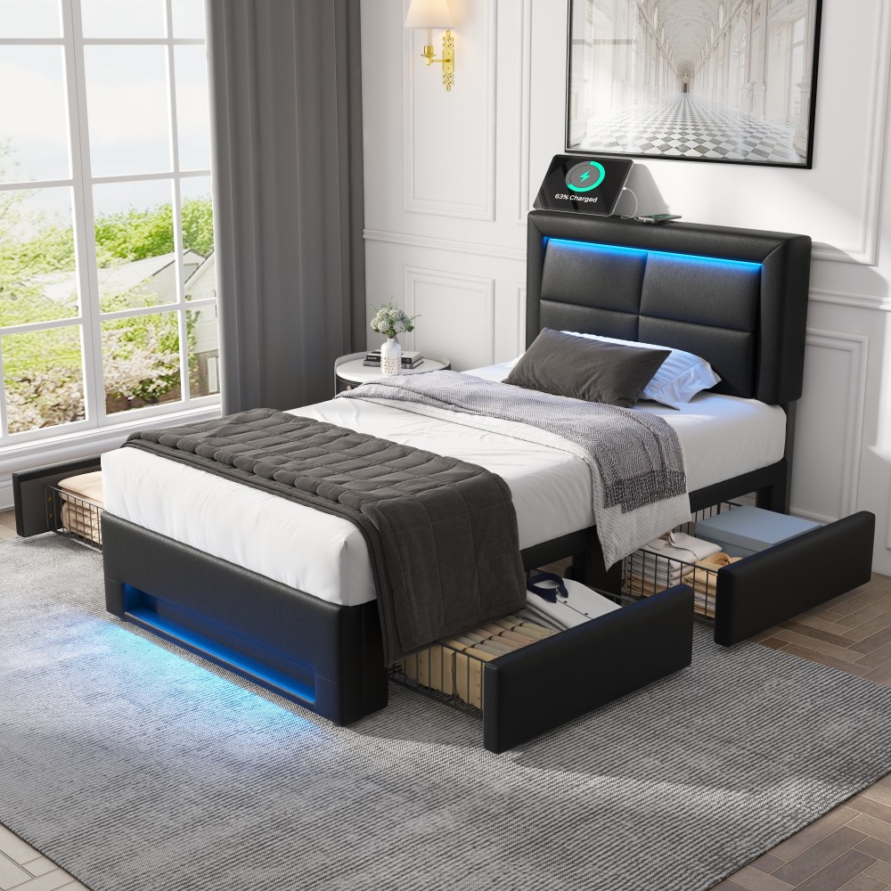 Cama individual tapizada 90x190cm con usb, LED y 4 cajones pu – negro