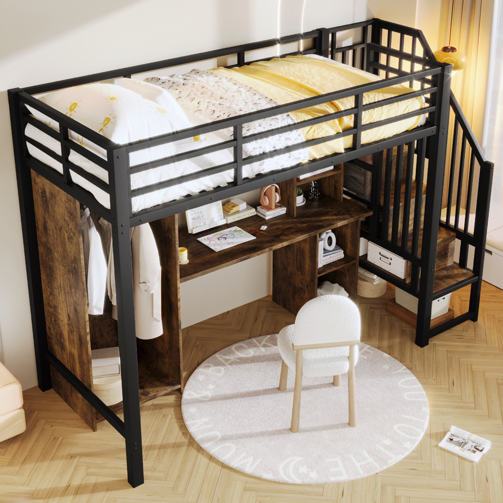 Cama alta 90x200 cm con armario, escritorio y almacenaje metal – negro
