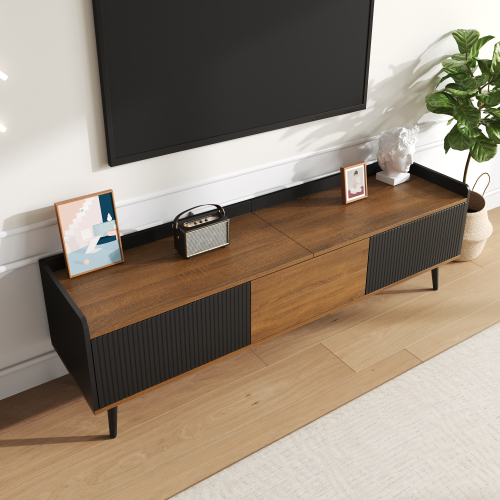 Mueble de tv para salón 3 puertas negro y natural 49,5x160x39cm