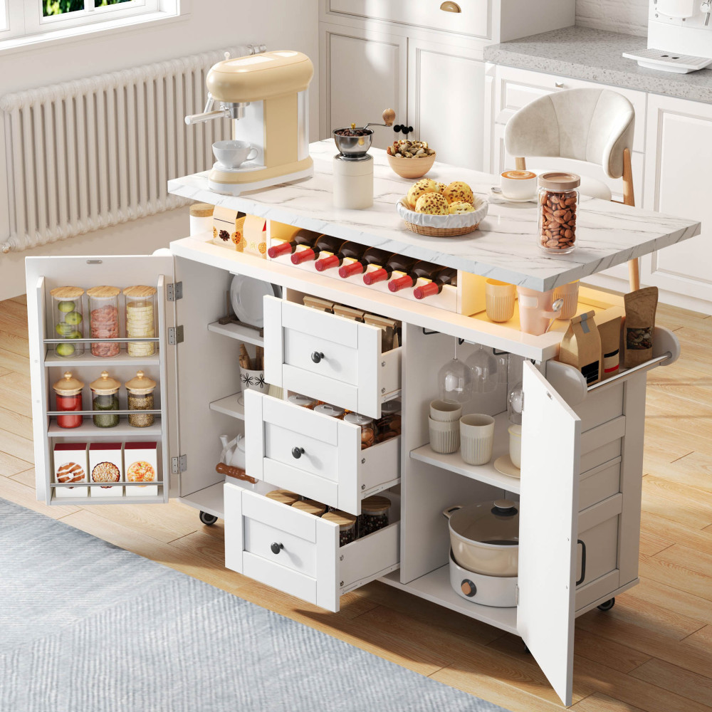 Isla de cocina con tablero plegable 2 puertas 3 cajones blanca 93x138x60cm
