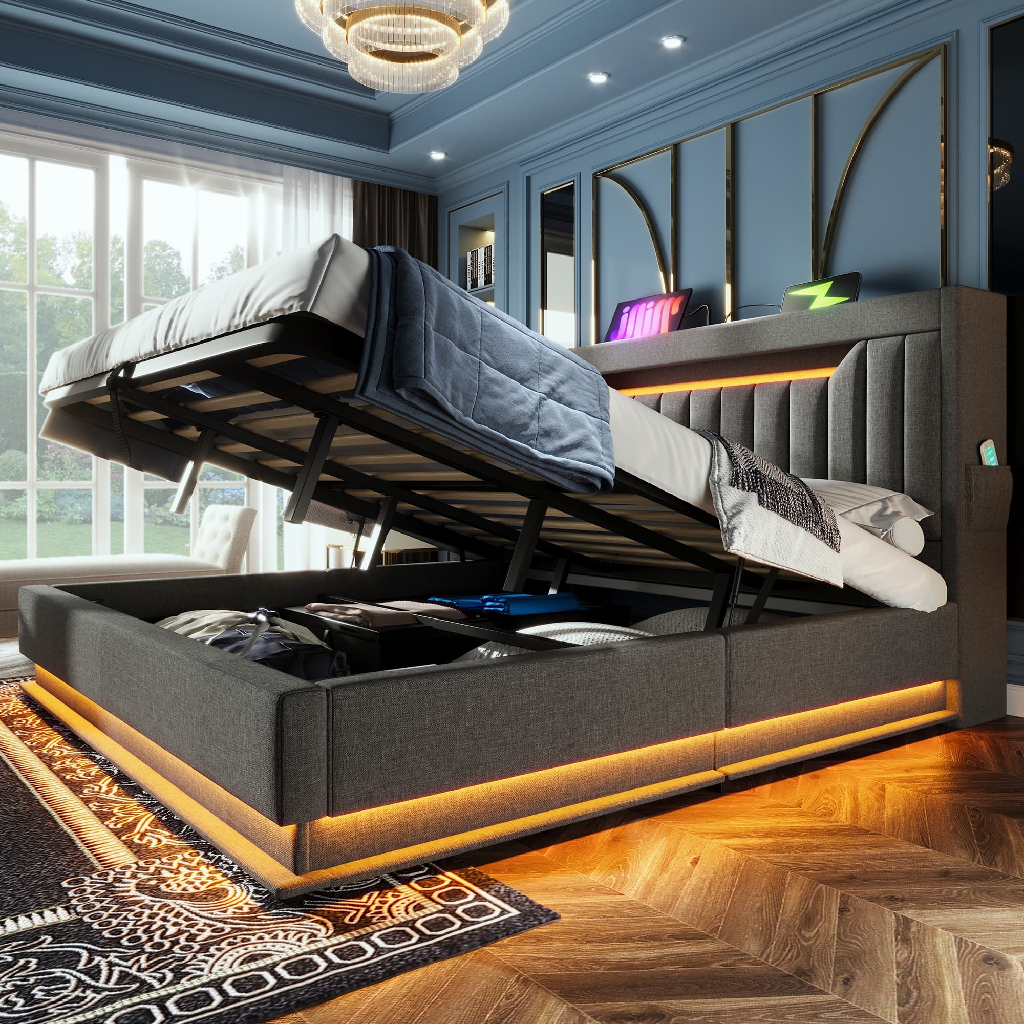 Cama tapizada 140x200cm LED usb almacenaje lino gris con colchón
