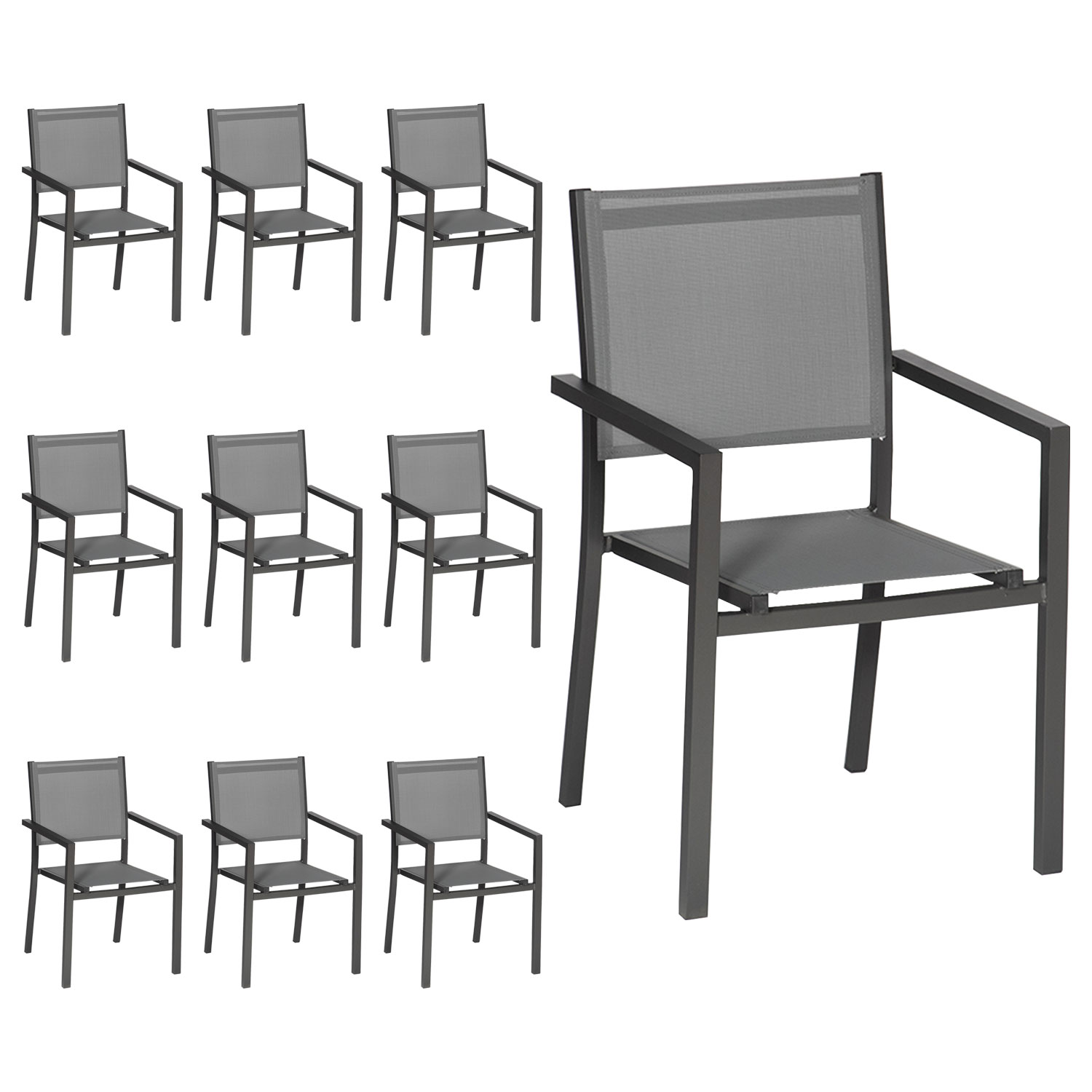 Juego de 10 sillas de aluminio antracita textileno gris