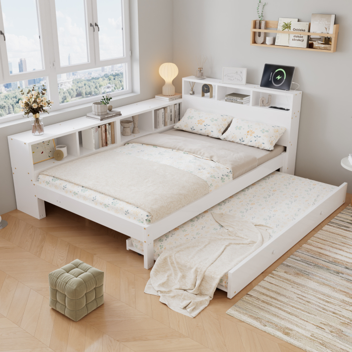 Cama de madera 120x200cm con cama auxiliar y almacenaje blanco