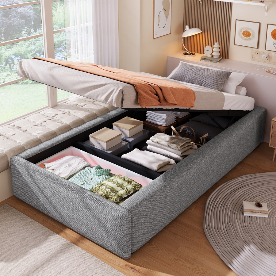 Cama tapizada 90x200 cm con almacenaje hidráulico y cajón tela – gris