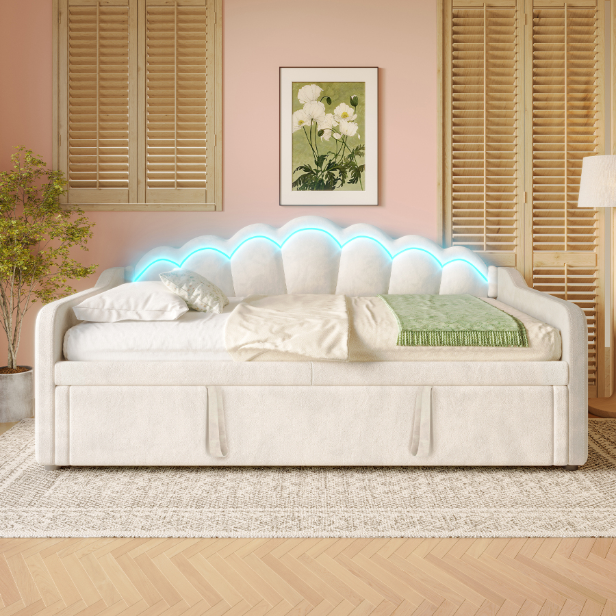 Sofá cama 90x200 cm extensible a 180x200 cm con LED – beige